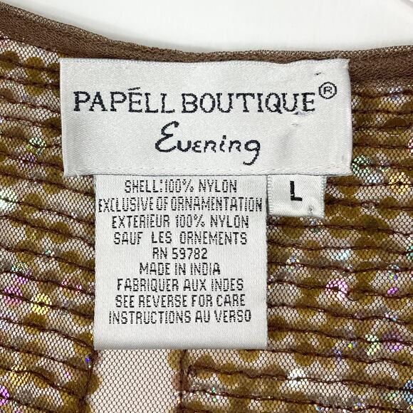 Nwot Vintage PAPELL BOUTIQUE Top Cardigan L Brown Iridescent-Sequin Sheer Tassel - Picture 3 of 11